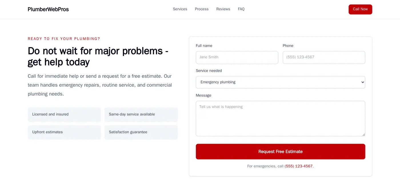 The contact section of the same site: a short request form beside the phone number and a plain list of what the company covers.