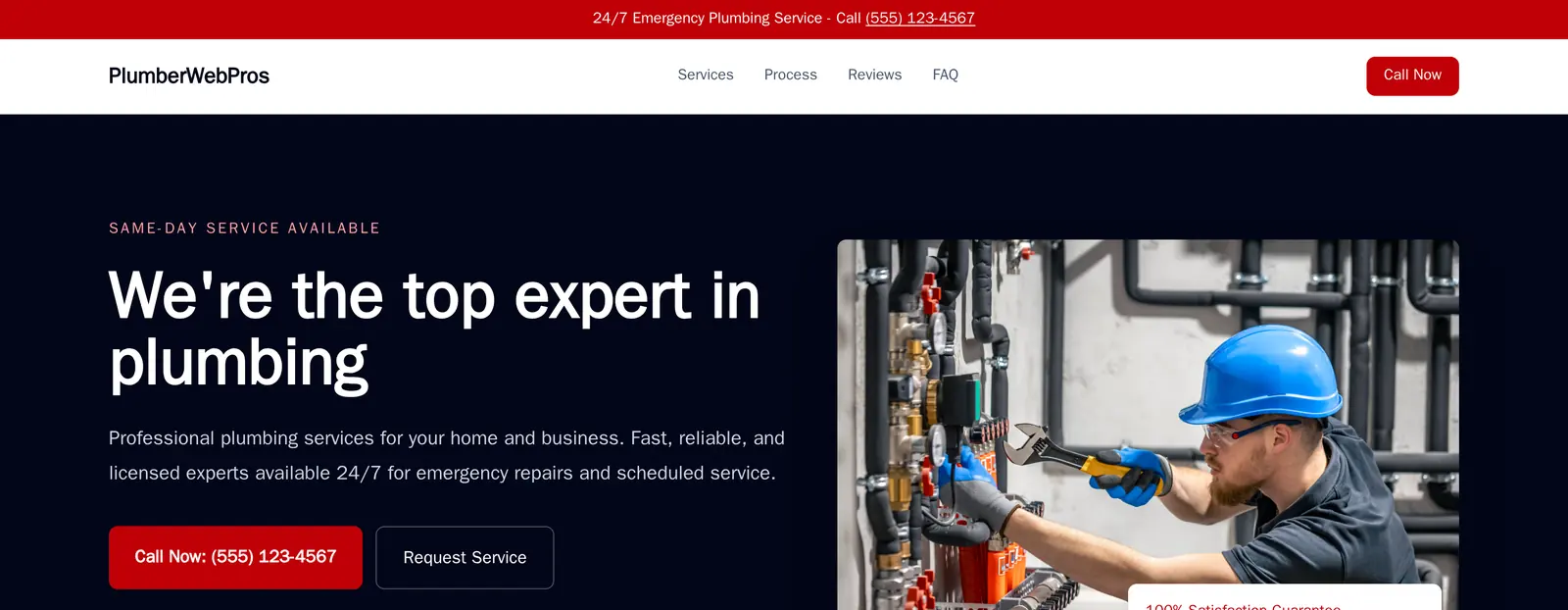 Desktop homepage of a site we built: the phone number, the main promise, and a call button are all visible without scrolling.