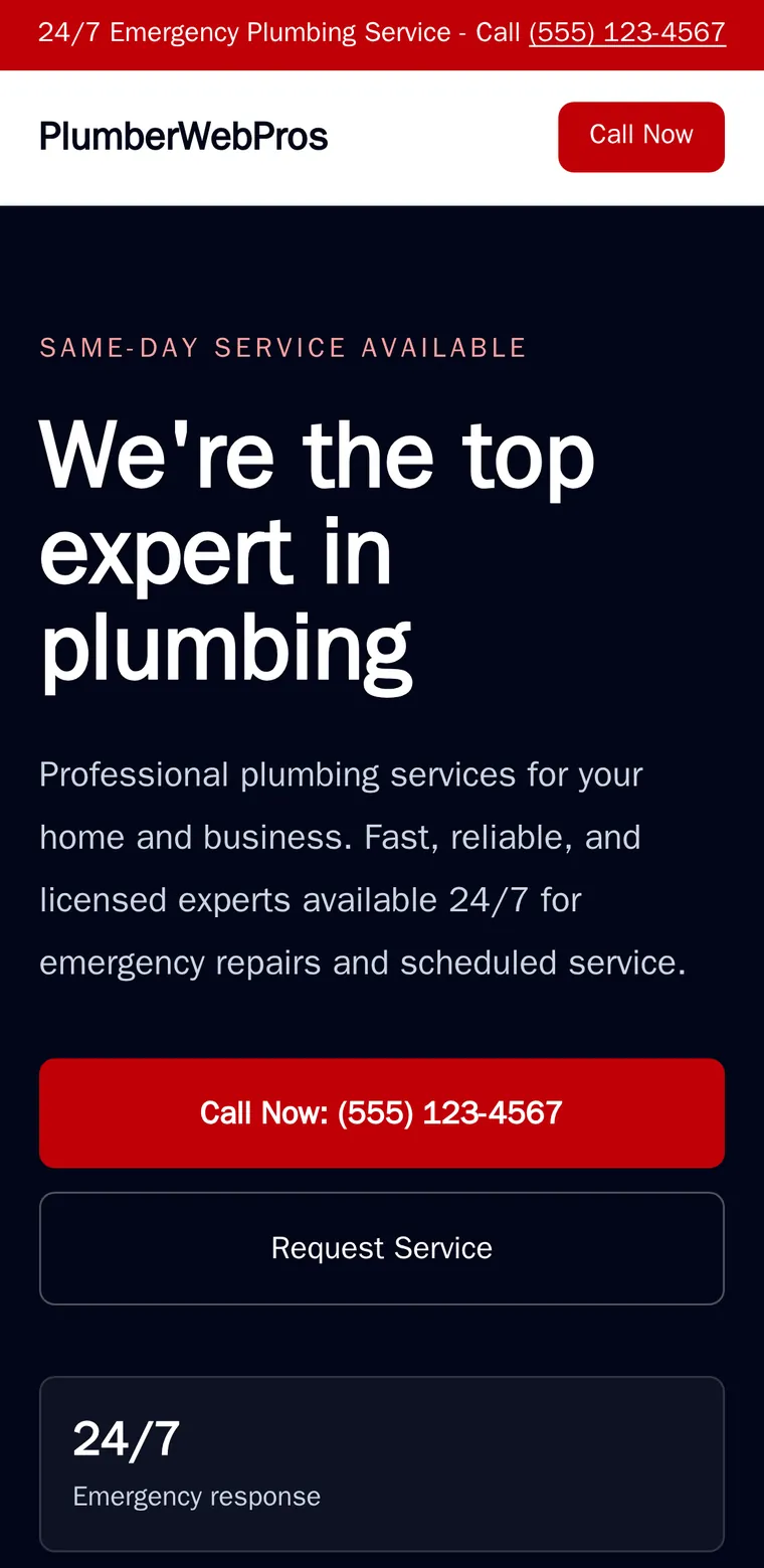 The same homepage on a phone, with a full-width tap-to-call button near the top.
